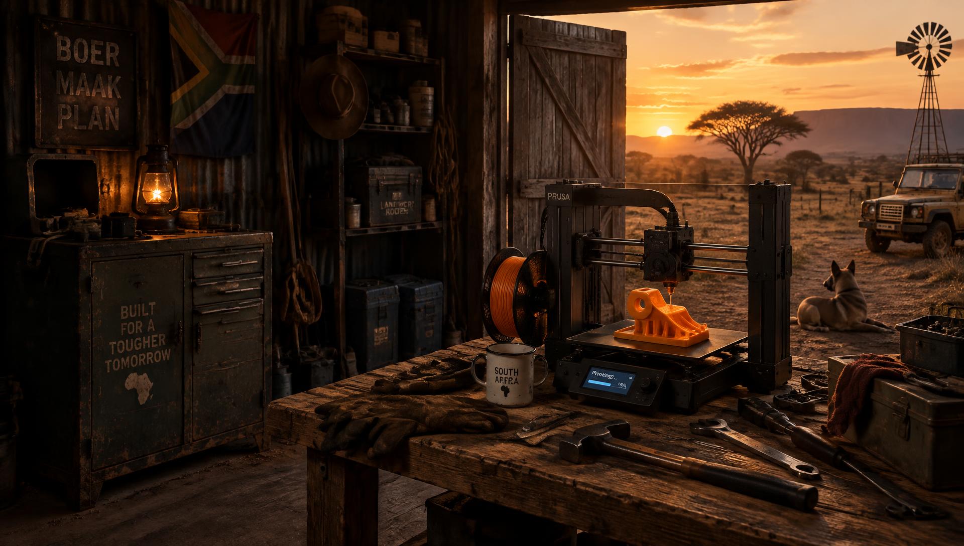 3D printer printing orange gear in a farm workshop at sunset